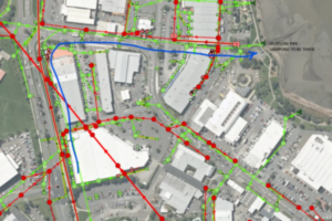 Map of the Prosser Street and Tītahi Bay Road area showing the route wastewater took through the stormwater network to an outfall into Porirua Harbour.