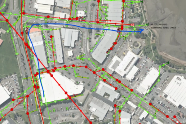 Map of the Prosser Street and Tītahi Bay Road area showing the route wastewater took through the stormwater network to an outfall into Porirua Harbour.