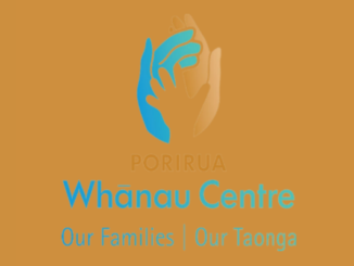 Porirua Whānau Centre logo featuring two stylised hands in blue and beige above the words “Porirua Whānau Centre” and the slogan “Our Families | Our Taonga”.