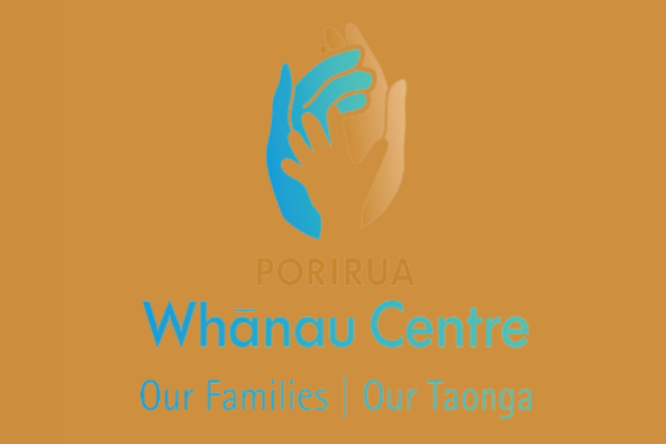 Porirua Whānau Centre logo featuring two stylised hands in blue and beige above the words “Porirua Whānau Centre” and the slogan “Our Families | Our Taonga”.