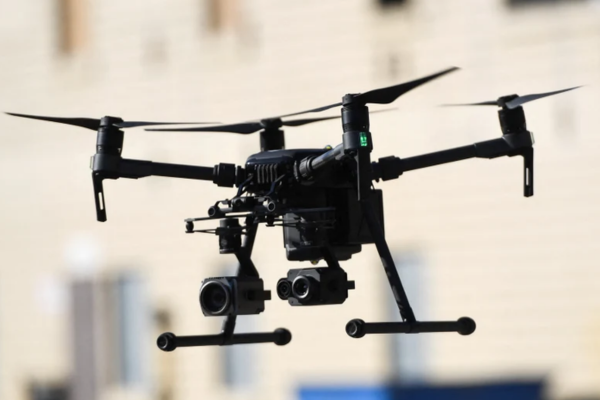A Police drone hovers in the air during an operation in Porirua.