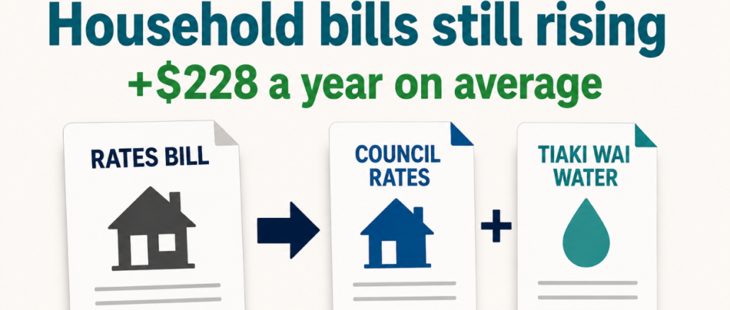 Graphic showing a rates bill splitting into two separate bills labelled "Council Rates" and "Tiaki Wai Water". The graphic states that non-water rates are frozen but household bills are still rising, with average household costs increasing by $228 a year.