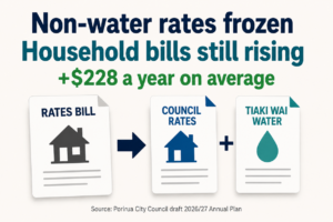 Graphic showing a rates bill splitting into two separate bills labelled "Council Rates" and "Tiaki Wai Water". The graphic states that non-water rates are frozen but household bills are still rising, with average household costs increasing by $228 a year.