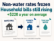 Graphic showing a rates bill splitting into two separate bills labelled "Council Rates" and "Tiaki Wai Water". The graphic states that non-water rates are frozen but household bills are still rising, with average household costs increasing by $228 a year.
