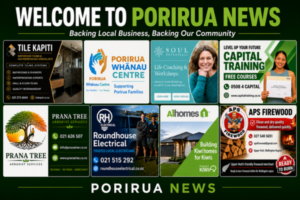 Porirua News welcome graphic featuring eight local businesses in a grid, including Tile Kapiti, Porirua Whānau Centre, Soul Potentials, Capital Training, Prana Tree, Roundhouse Electrical, A1 Homes and APS Firewood.