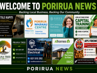 Porirua News welcome graphic featuring eight local businesses in a grid, including Tile Kapiti, Porirua Whānau Centre, Soul Potentials, Capital Training, Prana Tree, Roundhouse Electrical, A1 Homes and APS Firewood.