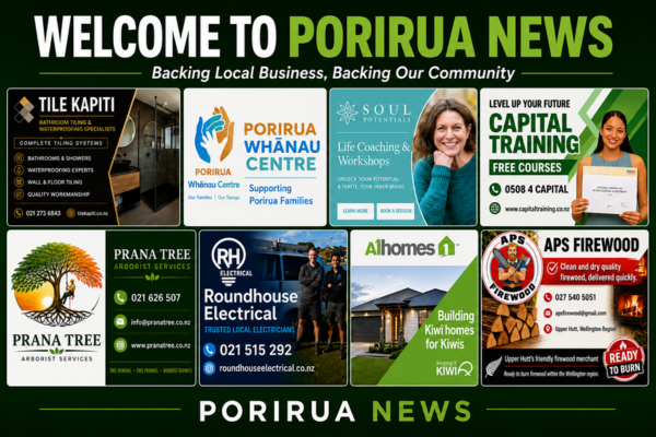Porirua News welcome graphic featuring eight local businesses in a grid, including Tile Kapiti, Porirua Whānau Centre, Soul Potentials, Capital Training, Prana Tree, Roundhouse Electrical, A1 Homes and APS Firewood.