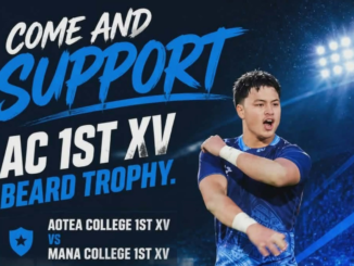 Poster for the Aotea College 1st XV versus Mana College 1st XV Beard Trophy rugby match, showing a rugby player in a blue jersey and details for the 5pm match at Jerry Collins Stadium.