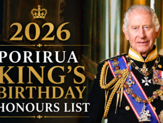Graphic for the 2026 Porirua King’s Birthday Honours List featuring King Charles III in ceremonial uniform alongside gold and white text on a dark background.