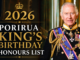 Graphic for the 2026 Porirua King’s Birthday Honours List featuring King Charles III in ceremonial uniform alongside gold and white text on a dark background.