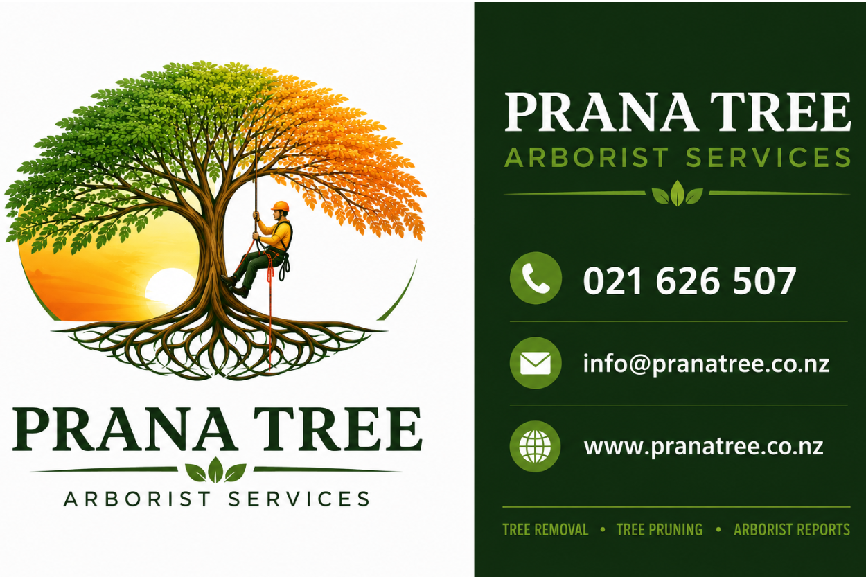 Prana Tree Arborist Services listing graphic with tree logo, arborist illustration, phone number, email and website.