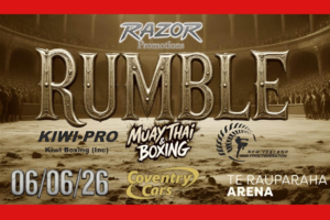 Promotional poster for Razor Promotions' Rumble Fight Night, featuring Muay Thai and boxing. The poster shows a large metallic "RUMBLE" title set against an arena backdrop, with logos for Kiwi-Pro Kiwi Boxing, the New Zealand Muaythai Federation, Coventry Cars, and Te Rauparaha Arena. The event date, 06/06/26, is displayed prominently.