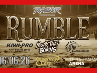 Promotional poster for Razor Promotions' Rumble Fight Night, featuring Muay Thai and boxing. The poster shows a large metallic "RUMBLE" title set against an arena backdrop, with logos for Kiwi-Pro Kiwi Boxing, the New Zealand Muaythai Federation, Coventry Cars, and Te Rauparaha Arena. The event date, 06/06/26, is displayed prominently.
