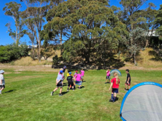 Children play football on a grass field during a Porirua City AFC junior session.
