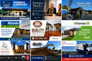 A nine-panel collage featuring Porirua Carwash, Donna Marks Mortgage Adviser, Streetwise Coffee, Abode Homes, Quality Construction, A1homes, NC Building, Bullocks Contracting and Pankhurst Electrical.
