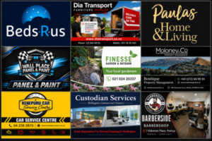 Collage featuring nine returning Porirua News Business Directory members, including Beds R Us, Dia Transport, Paulas Home & Living and six other local businesses.