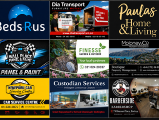 Collage featuring nine returning Porirua News Business Directory members, including Beds R Us, Dia Transport, Paulas Home & Living and six other local businesses.