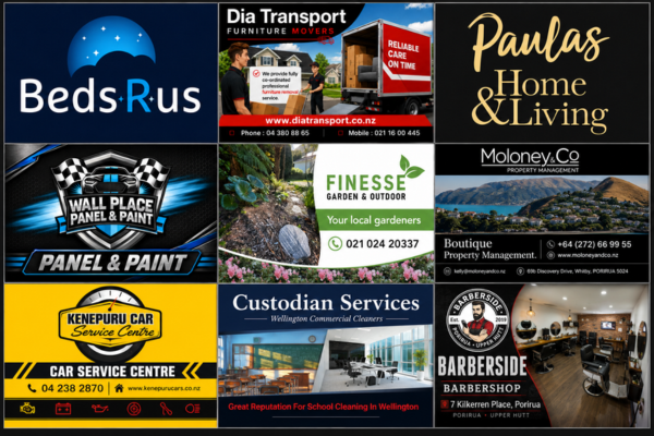 Collage featuring nine returning Porirua News Business Directory members, including Beds R Us, Dia Transport, Paulas Home & Living and six other local businesses.