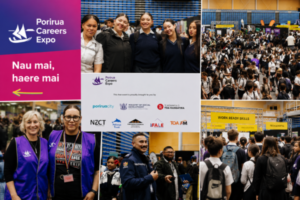 Collage from the Porirua Careers Expo showing students, expo crowds, organisers and displays at a busy careers event.