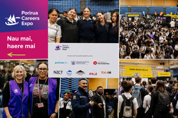 Collage from the Porirua Careers Expo showing students, expo crowds, organisers and displays at a busy careers event.