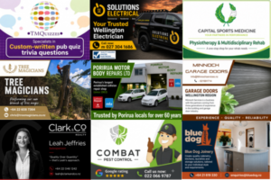 Nine-panel collage featuring TM Quizzes, Solutions Electrical, Capital Sports Medicine, Tree Magicians, Porirua Motor Body Repairs, Minnoch Garage Doors, Leah Jeffries of Clark & Co Realty, Combat Pest Control and Blue Dog Joinery.