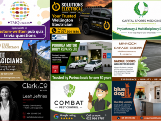 Nine-panel collage featuring TM Quizzes, Solutions Electrical, Capital Sports Medicine, Tree Magicians, Porirua Motor Body Repairs, Minnoch Garage Doors, Leah Jeffries of Clark & Co Realty, Combat Pest Control and Blue Dog Joinery.