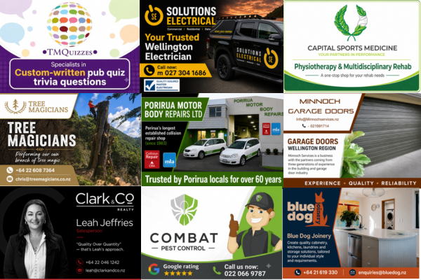 Nine-panel collage featuring TM Quizzes, Solutions Electrical, Capital Sports Medicine, Tree Magicians, Porirua Motor Body Repairs, Minnoch Garage Doors, Leah Jeffries of Clark & Co Realty, Combat Pest Control and Blue Dog Joinery.