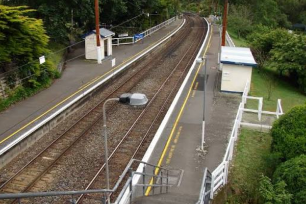 Elevated view of Tākapu Road railway station in Tawa, where signalling cables were allegedly damaged earlier this month.