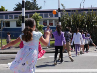 Children use a pedestrian crossing outside a Porirua school as they head towards the school grounds. Porirua City Council is installing new variable 30km/h speed limit signs outside schools to improve safety during school travel times.