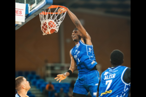 A Wellington Saints player dunks the ball during the team’s elimination final win over the Otago Nuggets at Te Rauparaha Arena.