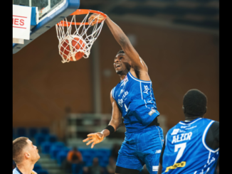 A Wellington Saints player dunks the ball during the team’s elimination final win over the Otago Nuggets at Te Rauparaha Arena.