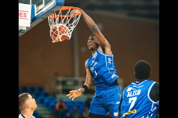 A Wellington Saints player dunks the ball during the team’s elimination final win over the Otago Nuggets at Te Rauparaha Arena.