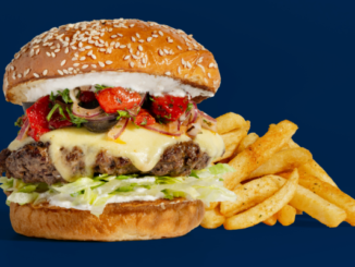 A cheeseburger topped with lettuce, tomato and onion, served with seasoned fries against a dark blue background.