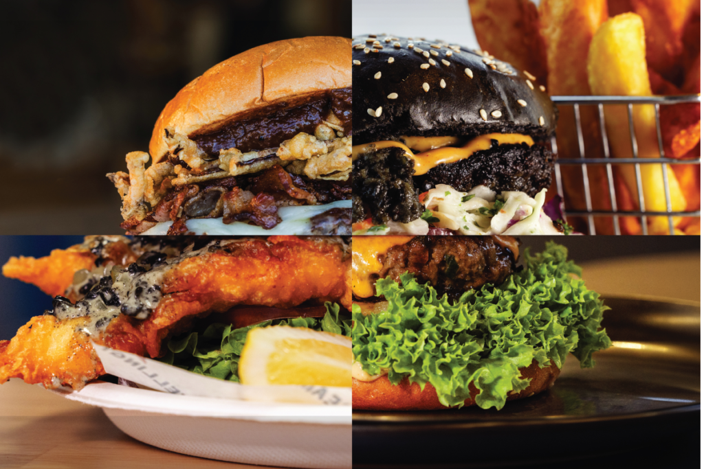 Collage showing four burgers, including a black-bun burger, a crispy fish burger and beef burgers with lettuce, bacon and fried toppings.