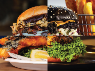 Collage showing four burgers, including a black-bun burger, a crispy fish burger and beef burgers with lettuce, bacon and fried toppings.