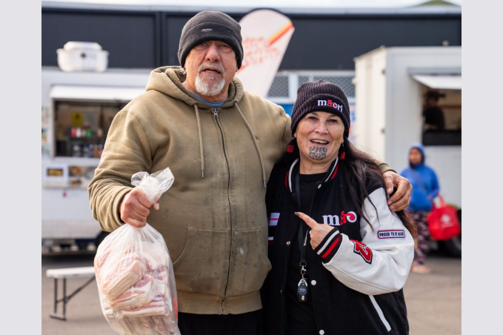 Te Pāti Māori co-leader Debbie Ngarewa-Packer with a supporter at Waitangirua Markets in Porirua.