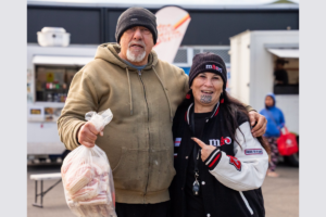 Te Pāti Māori co-leader Debbie Ngarewa-Packer with a supporter at Waitangirua Markets in Porirua.