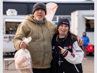 Te Pāti Māori co-leader Debbie Ngarewa-Packer with a supporter at Waitangirua Markets in Porirua.