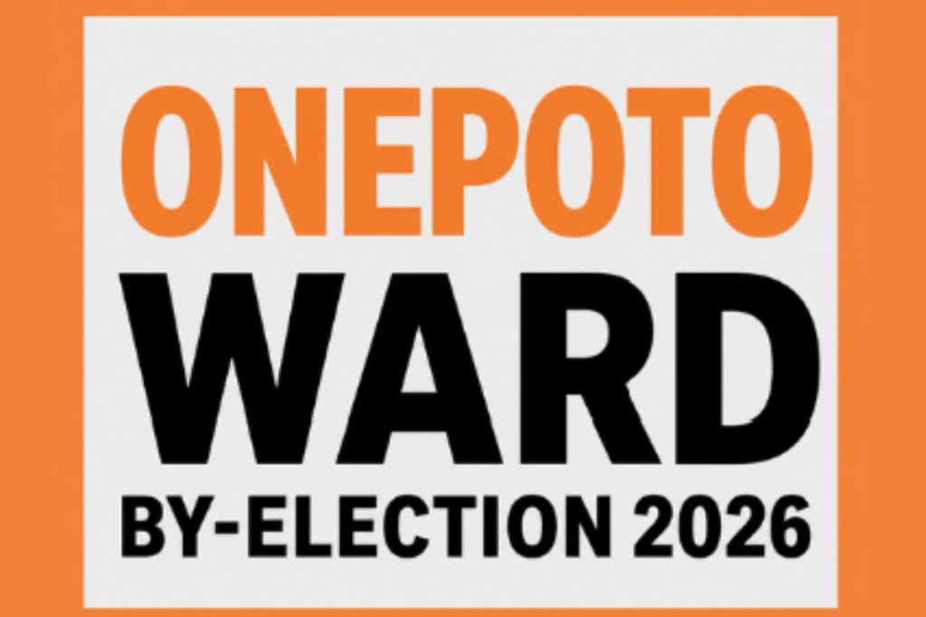 Orange and white election graphic reading “ONEPOTO” in orange, “WARD” in large black letters, and “BY-ELECTION 2026” below.