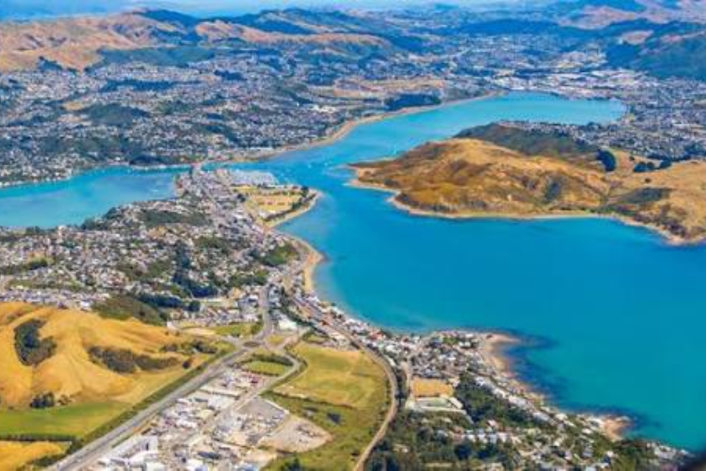 Aerial view of Te Awarua o Porirua Harbour, showing Porirua, Paremata and surrounding hills.