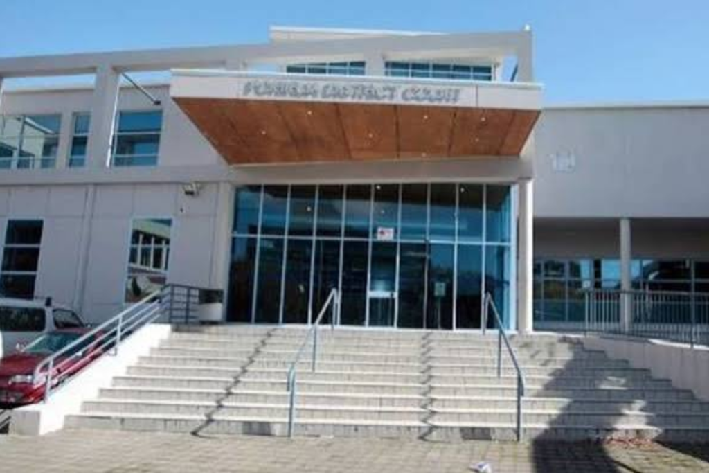 Exterior of Porirua District Court, showing the main entrance and wide front steps.