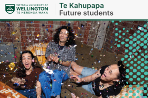Three Victoria University of Wellington students celebrate amid falling confetti in a promotional image for Future Students and Open Day.