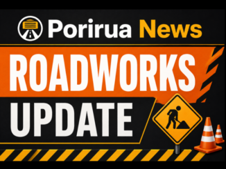 Porirua News Roadworks Update graphic with roadworks sign, traffic cones and construction hazard stripes.