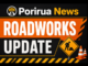 Porirua News Roadworks Update graphic with roadworks sign, traffic cones and construction hazard stripes.