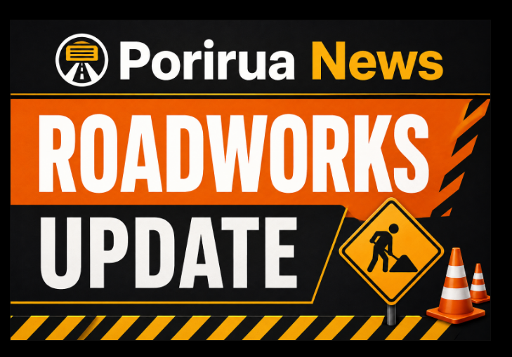 Porirua News Roadworks Update graphic with roadworks sign, traffic cones and construction hazard stripes.