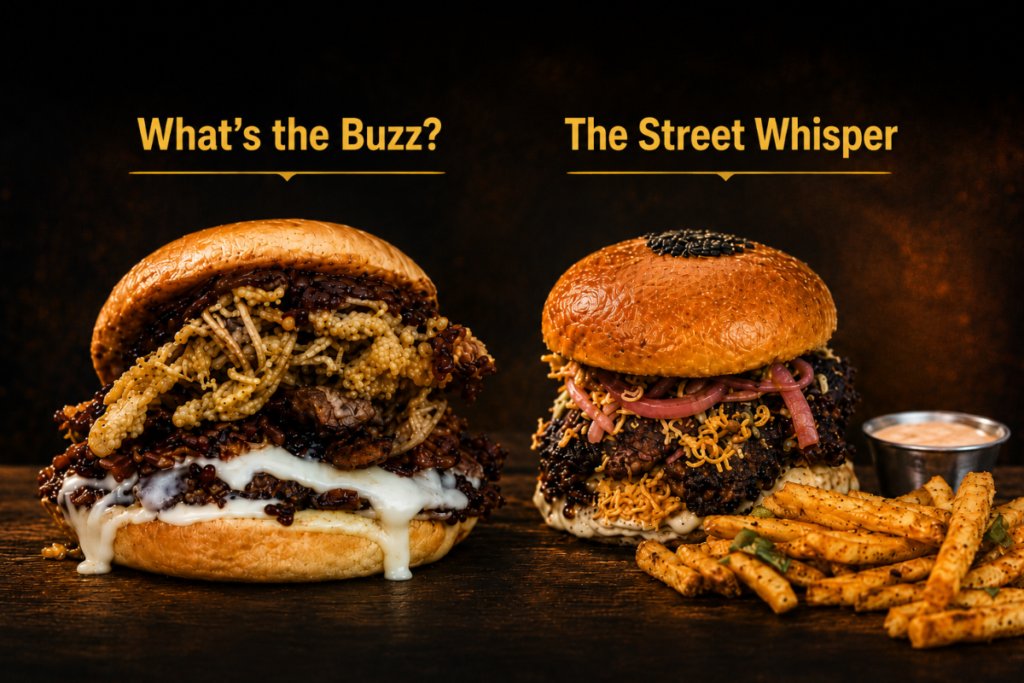 Two Burger Wellington finalists shown side by side. What’s the Buzz? is a stacked burger with a beef patty, melted cheese and crispy toppings. The Street Whisper features a fried chicken filling, pickled red onion and crispy noodles, served with fries and dipping sauce.