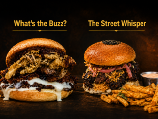 Two Burger Wellington finalists shown side by side. What’s the Buzz? is a stacked burger with a beef patty, melted cheese and crispy toppings. The Street Whisper features a fried chicken filling, pickled red onion and crispy noodles, served with fries and dipping sauce.