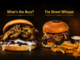 Two Burger Wellington finalists shown side by side. What’s the Buzz? is a stacked burger with a beef patty, melted cheese and crispy toppings. The Street Whisper features a fried chicken filling, pickled red onion and crispy noodles, served with fries and dipping sauce.