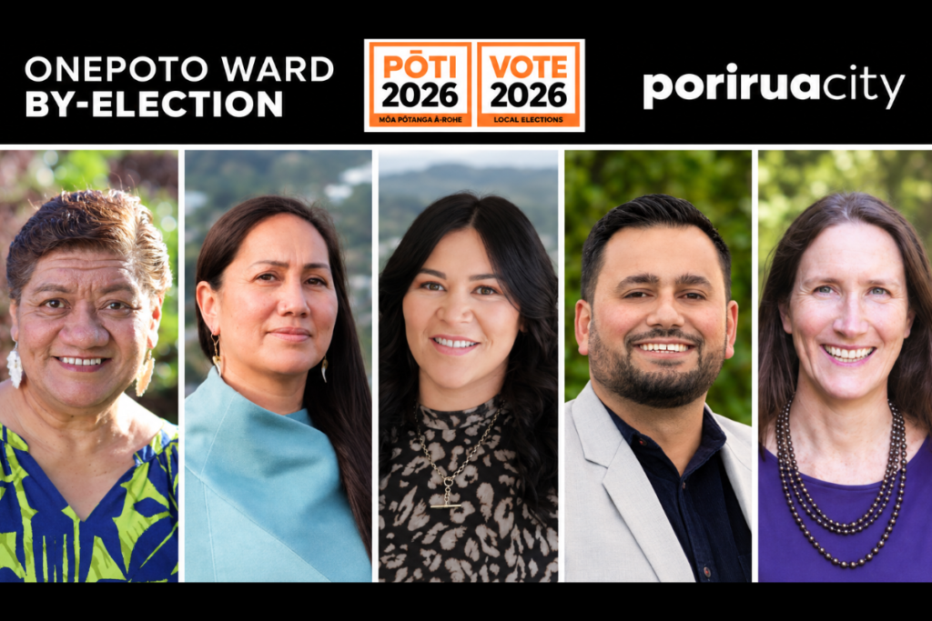 Porirua City Council graphic showing the five candidates standing in the 2026 Onepoto General Ward by-election.