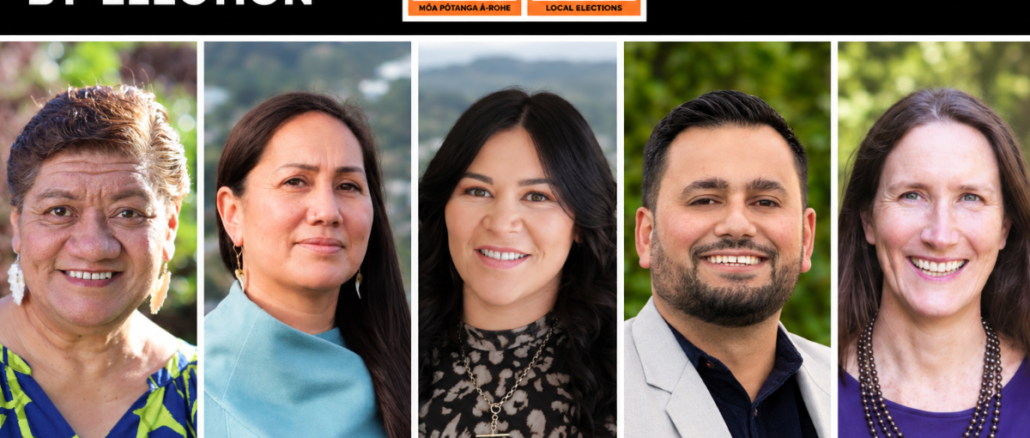 Porirua City Council graphic showing the five candidates standing in the 2026 Onepoto General Ward by-election.